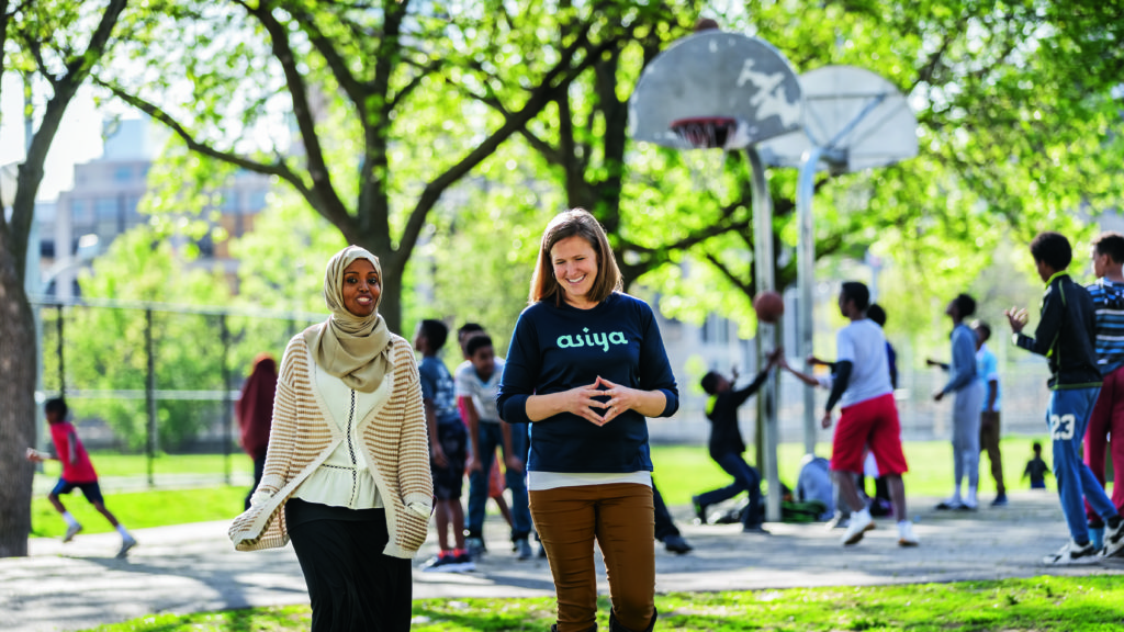 ASIYA Sport founders Fatimah Hussein and Jamie Glover ’06 outside the Brian Coyle Community Center in Minneapolis